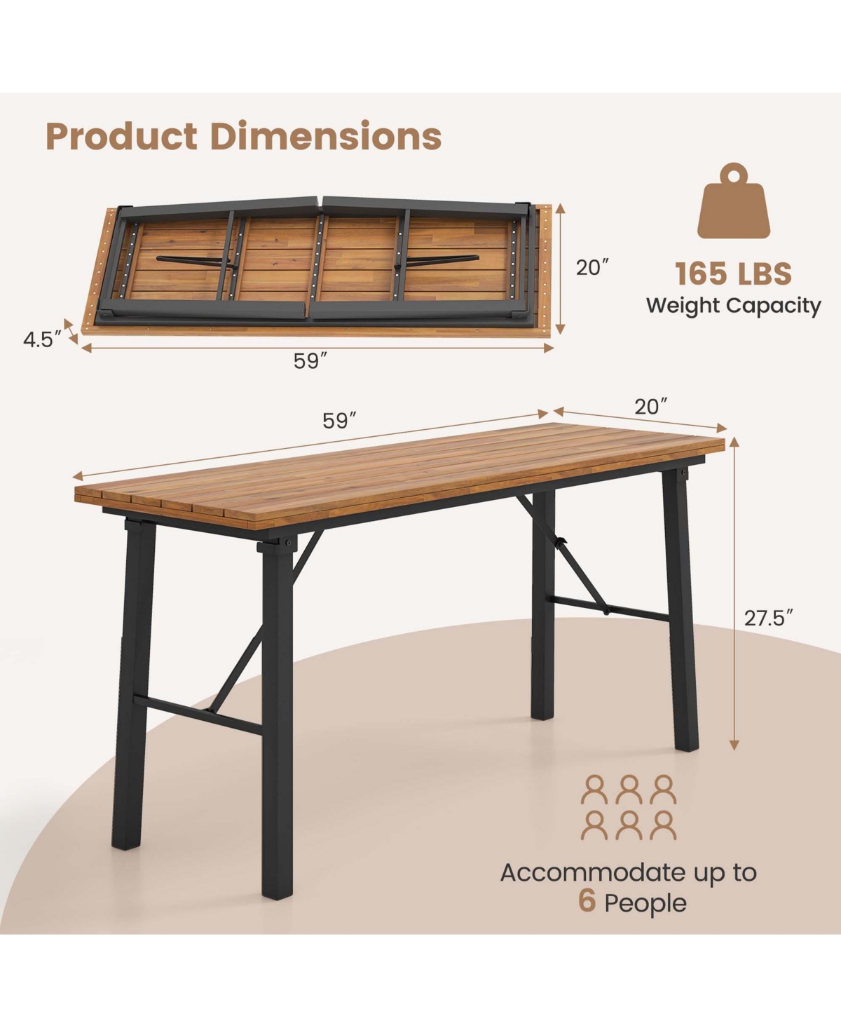 Costway Folding Picnic Table & Bench Set Dining Table with Metal Frame for 4 or 6 Persons