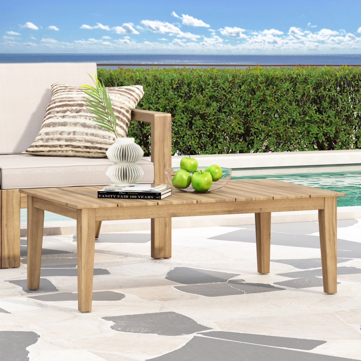 Acacia Wood Outdoor Coffee Table, Light Brown, 14" H X 23.5" W X 39.5" L