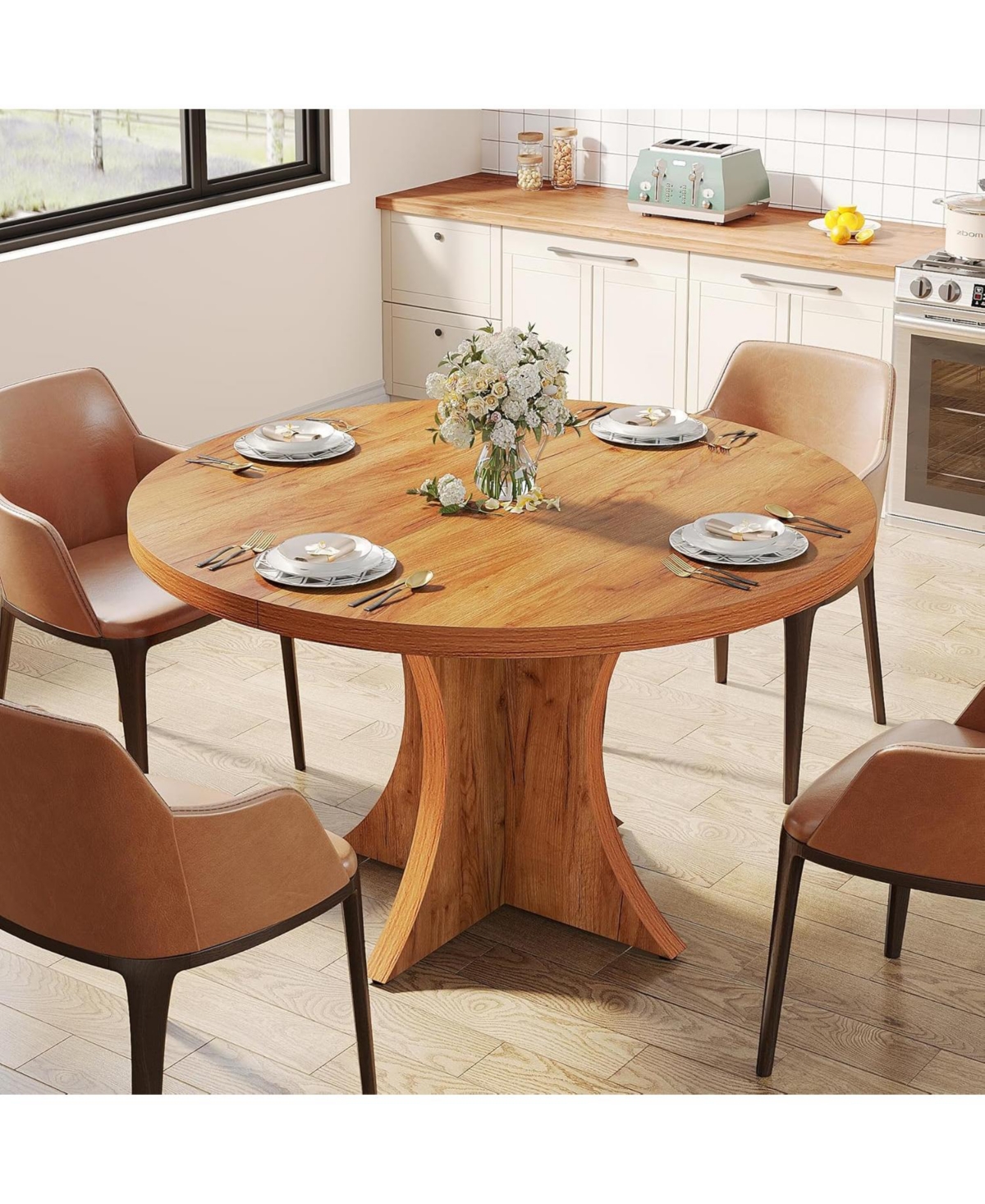 Tribesigns Round Dining Table for 4-6, 47.24-Inch Farmhouse Kitchen Table, Wood Dining Table with Pedestal Base, Dinner Table for Dining Room,Li