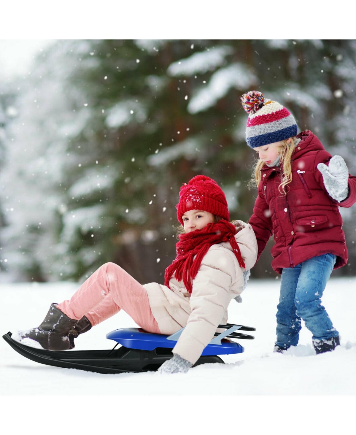 Vebreda Folding Kids' Metal Snow Sled with Pull Rope Snow Slider and Leather Seat