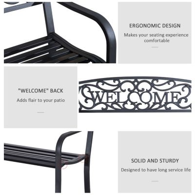 50" Black Metal Welcome Bench with Slatted Seat for Outdoor Spaces
