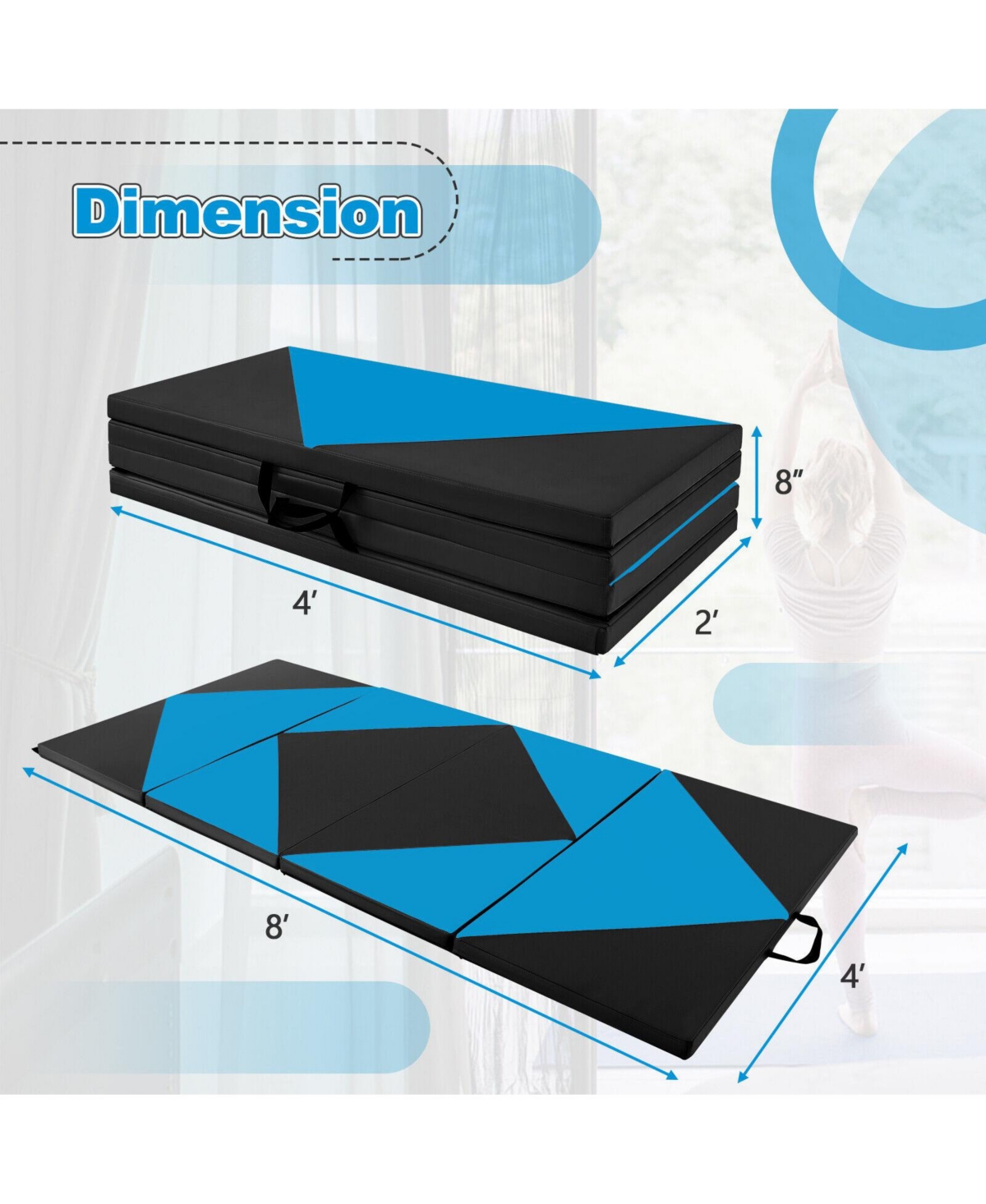 Vebreda 8 Feet Pu Leather Folding Gymnastics Mat with Hook and Loop Fasteners- Blue