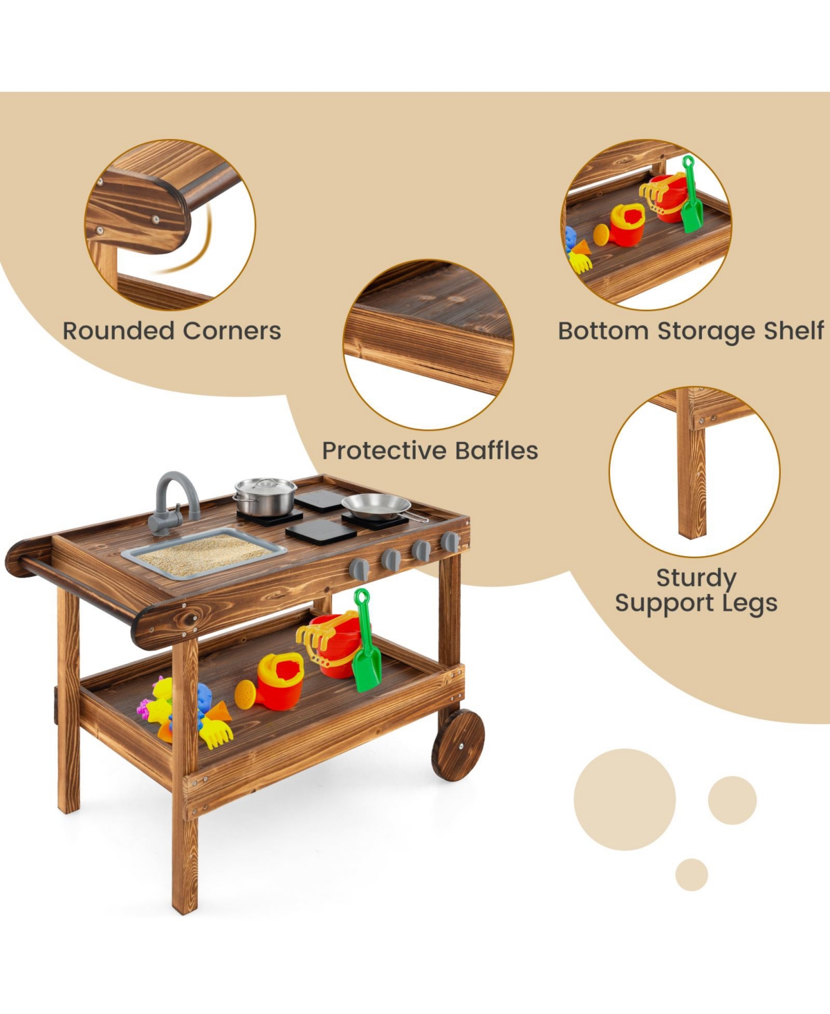 Vebreda Outdoor Movable Mud Kitchen with 2 Rolling Wheels and 1 Push Handle- Natural