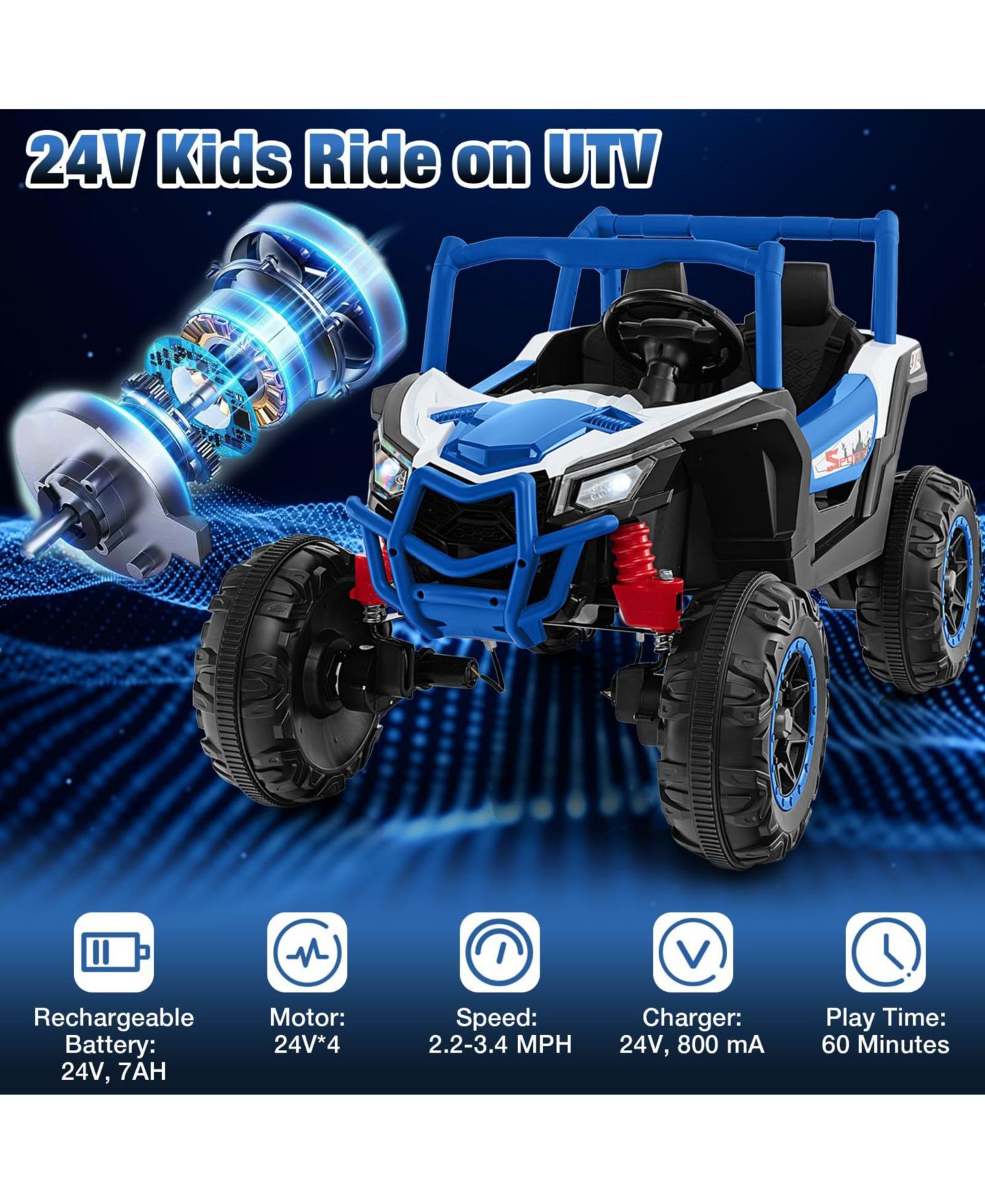 Детская игрушка VEBREDA 24V 2.4G Remote Control 2-Seater Ride-On UTV, Ages 3+, цвет: Синий — фото 3