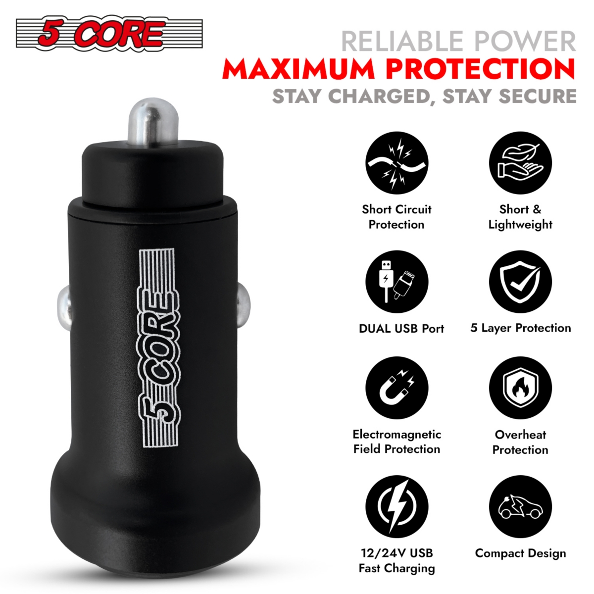 5 Core Usb Car Charger Cigarette Lighter Adapter Dual Usb Port Adapter 12/24 V Fast Charging