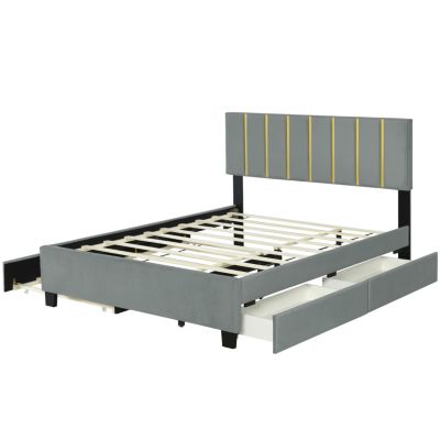 Luxury Velvet Upholstered Platform Bed with Trundle and Drawers