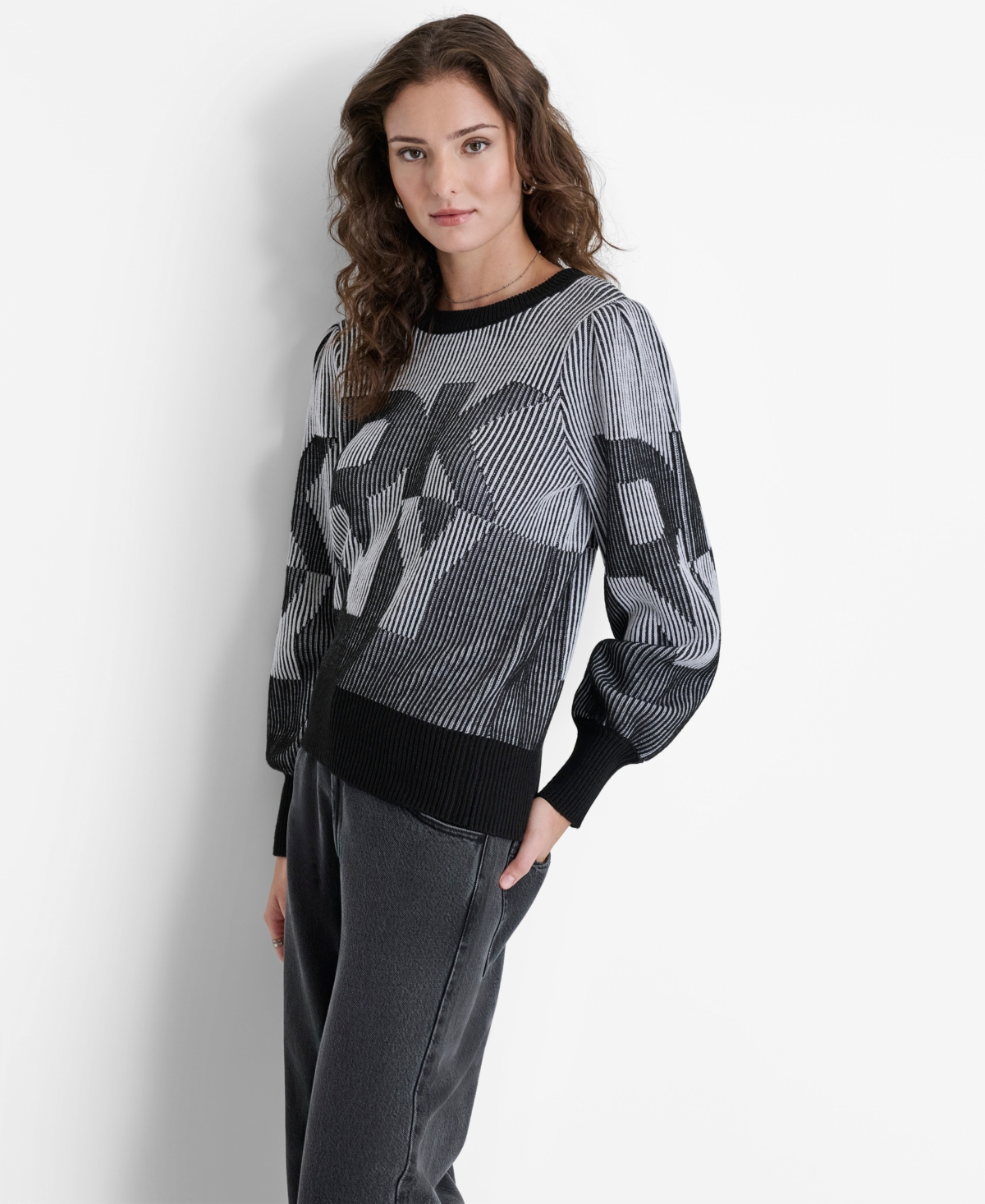 Dkny Women's Logo-Transfer Ribbed Crewneck Sweater -ivory