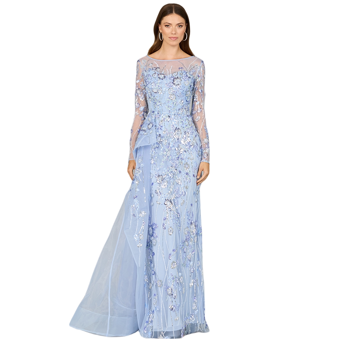 Women's Asymmetrical Overlay Gown with Sleeves - Periwinkle