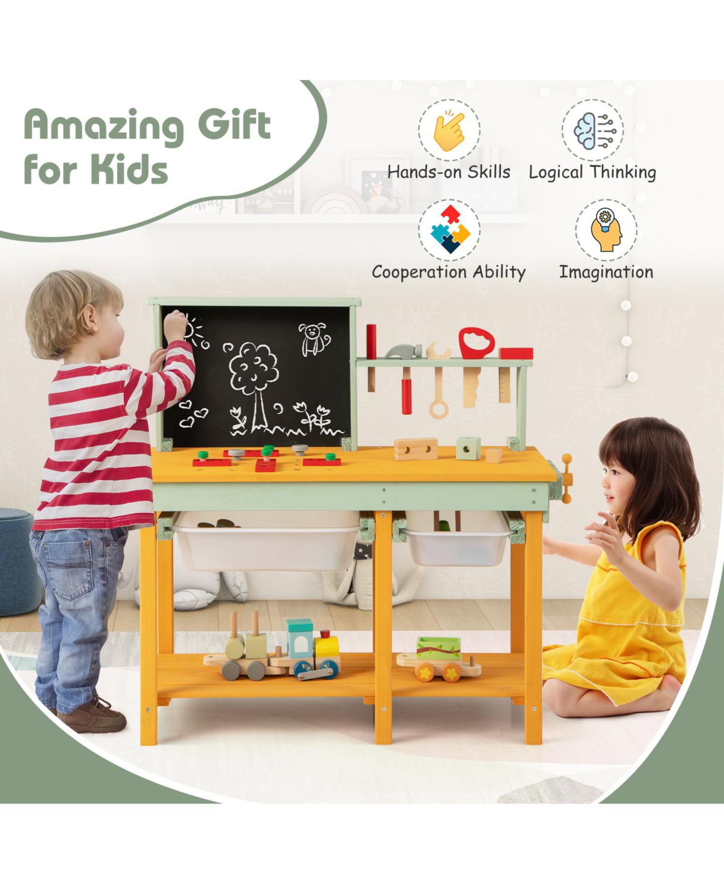 Детская игрушка VEBREDA Kids Wooden Toy Workbench with Storage Space and Blackboard, цвет: Натуральный — фото 4