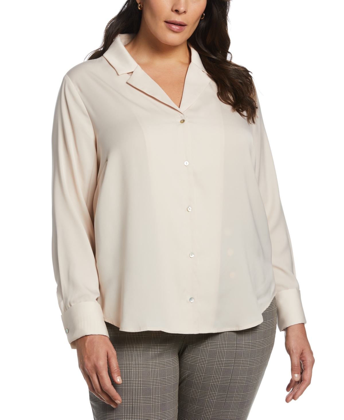 Plus Size Notch Collar Silk Long Sleeve Button-Down Blouse - Shell