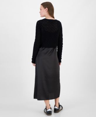 Freshman Juniors' Pointelle Crewneck Sweater and Satin Slip Dress - Macy's