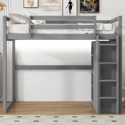 Gray Wooden Full Loft Bed with Wardrobe and LED Light