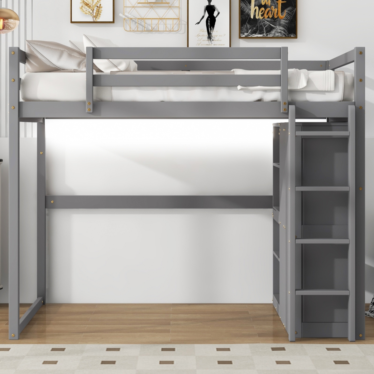 Streamdale Gray Wooden Full Loft Bed with Wardrobe and Led Light