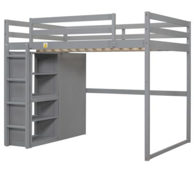 Gray Wooden Full Loft Bed with Wardrobe and LED Light