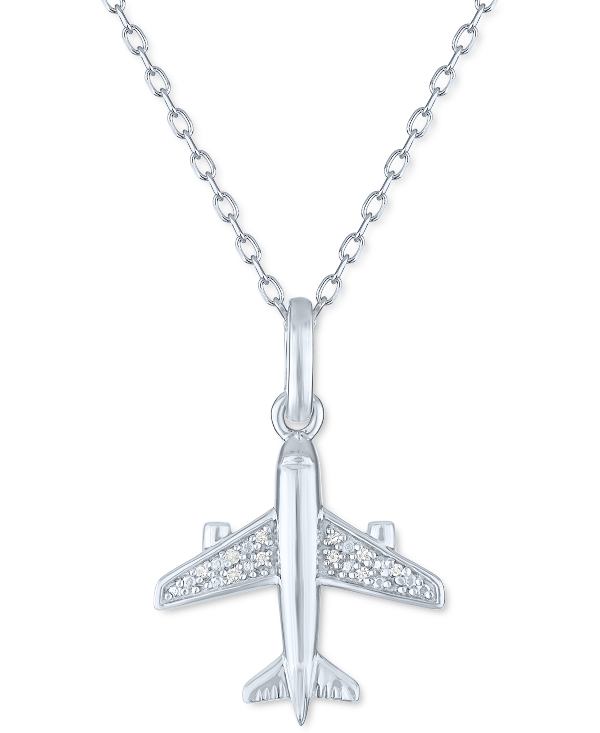 MACY'S DIAMOND ACCENT AIRPLANE PENDANT NECKLACE IN STERLING SILVER, 16" + 2" EXTENDER 
