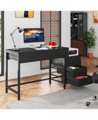 Computer Desk with 5 Drawers, Home Office Desks with Reversible Drawer Cabinet Printer Stand, Rustic Study Writing Table Workstation