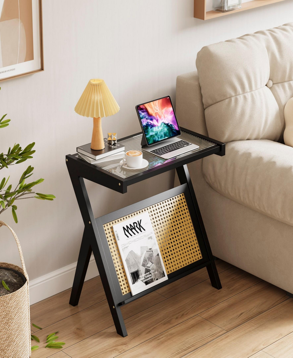 Sugift Rattan Side Table Bamboo Accent Bedside Table with Tempered Glass Top Black