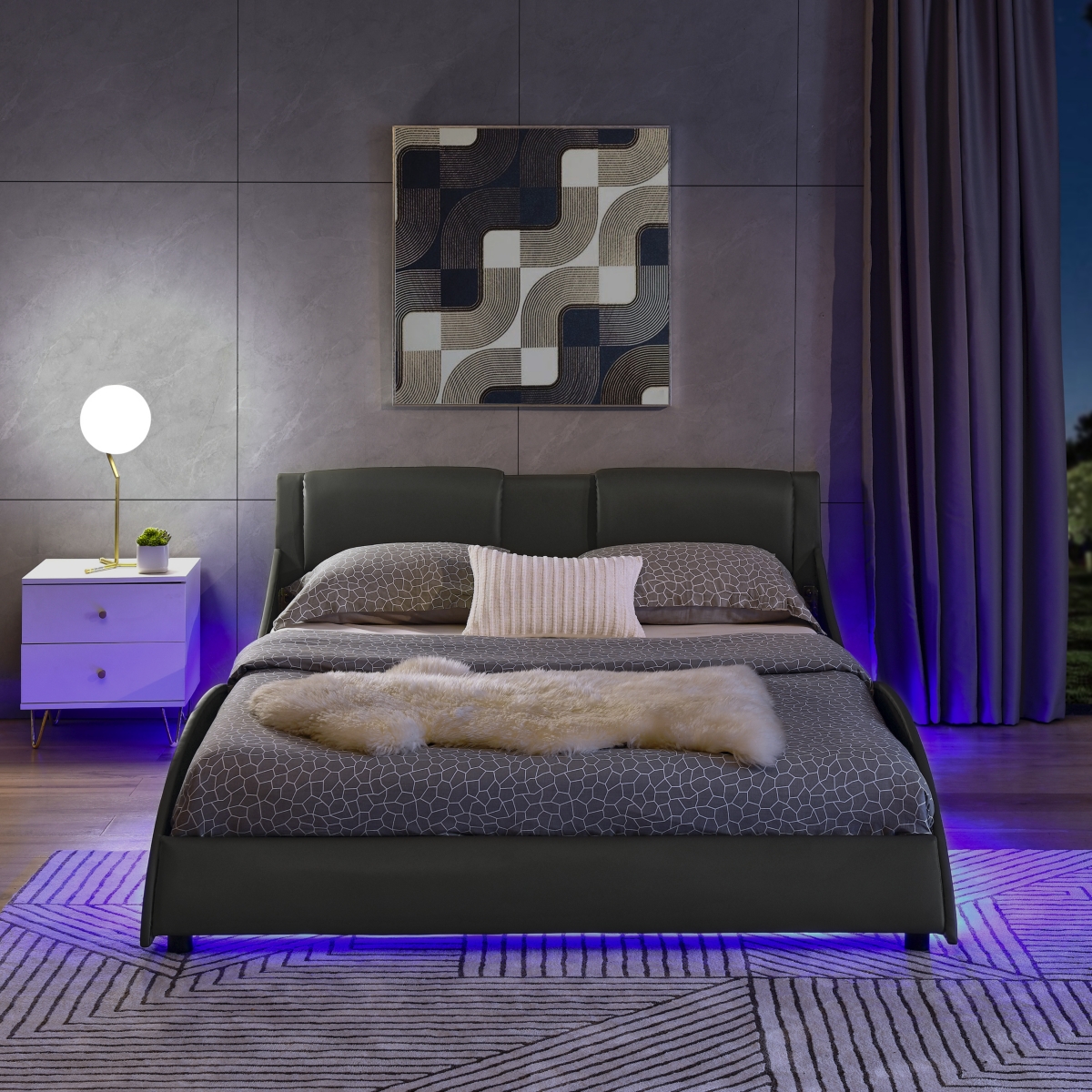 Streamdale Furniture Queen Faux Leather Rgb Led Bed Frame with Curved Headboard
