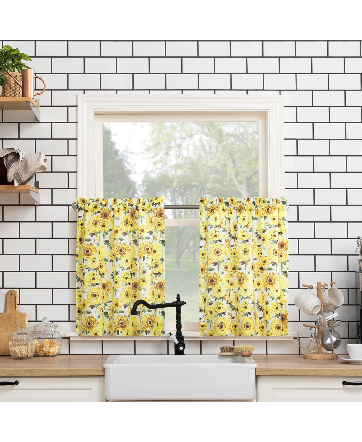 Sunny Sunflower Print Semi-Sheer Rod Pocket Kitchen Curtain Valance and Tiers Set