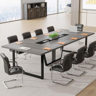 94.5-Inch Conference Table for 10 People, Industrial 8 FT Meeting Table with Two Grommets, Rectangular Podcast Training Table