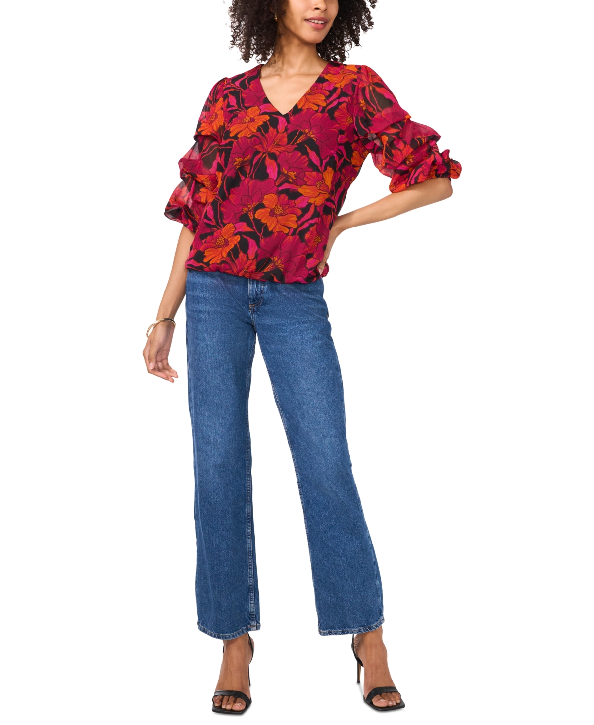 Vince Camuto Women's Floral-Print V-Neck Lantern-Sleeve Top