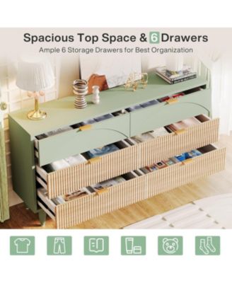 6-Drawer Dresser for Bedroom: 55 Inches Modern Chest of Drawers with Gold Metal Handles, Green Long Double Dresser Organizer Wood Cabinet for Bedroom, Closet, Living Room