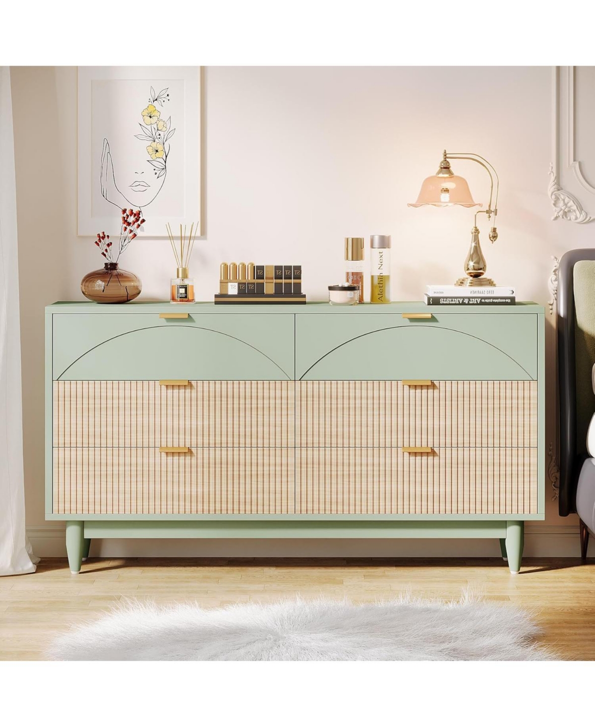 Tribesigns 6-Drawer Dresser for Bedroom: Inches Modern Chest of Drawers with Gold Metal Handles, Green Long Double Dresser Organizer Wood Cabinet f