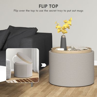Round Storage Ottoman Coffee Table with Flip Top Tray, Gray