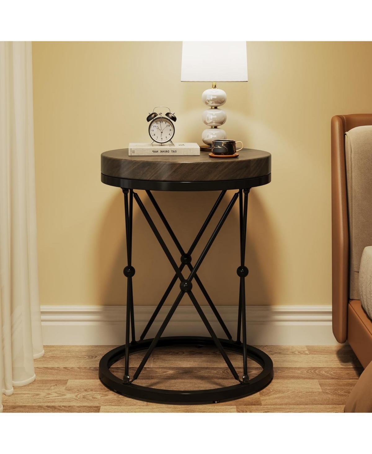 Tribesigns Round End Table, Modern Side Table Small Accent Nightstand with Metal Frame, Wooden Circle Bedside Table for Living Room Sofa Couch, Be