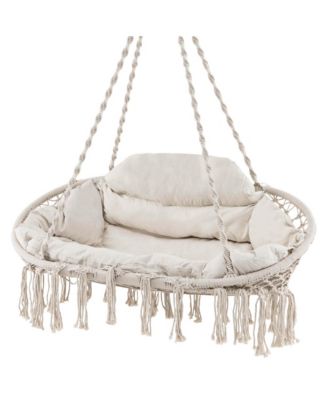 Swing Chair Hand-Woven Rope Hanging Chair with Thick Cushion & Folding Metal Frame