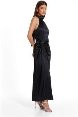 knee length fit and flare cocktail dress Navy Blue Cotton Linen Open-Back 44