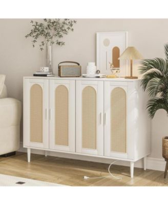 Sideboard Buffet Cabinet, 4 Rattan Doors Accent Storage Cabinet, Console Table Coffee Bar with Power Outlet, Adjustable Shelves for Dining Room, Kitchen, Hallway, Living Room, White_15 x 47.4 x 33.3 inches