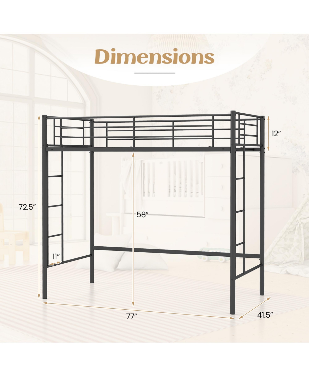 Gymax Metal Twin Loft Bed Space-saving Loft Bed Frame w/ Full-length Safety Guardrail 2 Ladders- Black