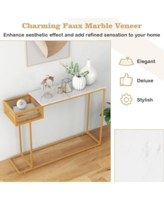 Rectangular White Faux Marble Console Table with Storage-Gold
