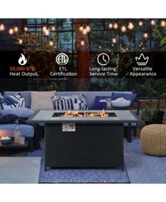 52 Inch Rattan Wicker Propane Fire Pit Table with Rain Cover and Lava Rock-Black