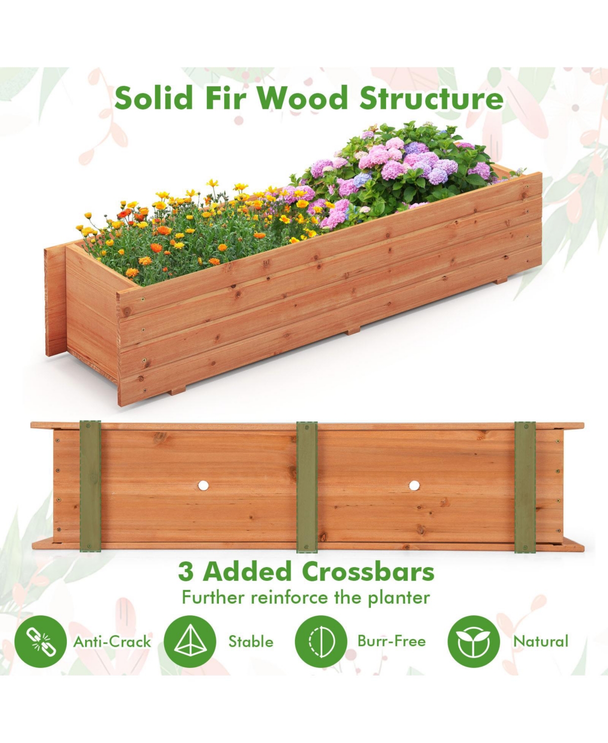 Sugift Fir Wood Planter Box with 2 Drainage Holes and 3 Added Bottom Crossbars-Orange
