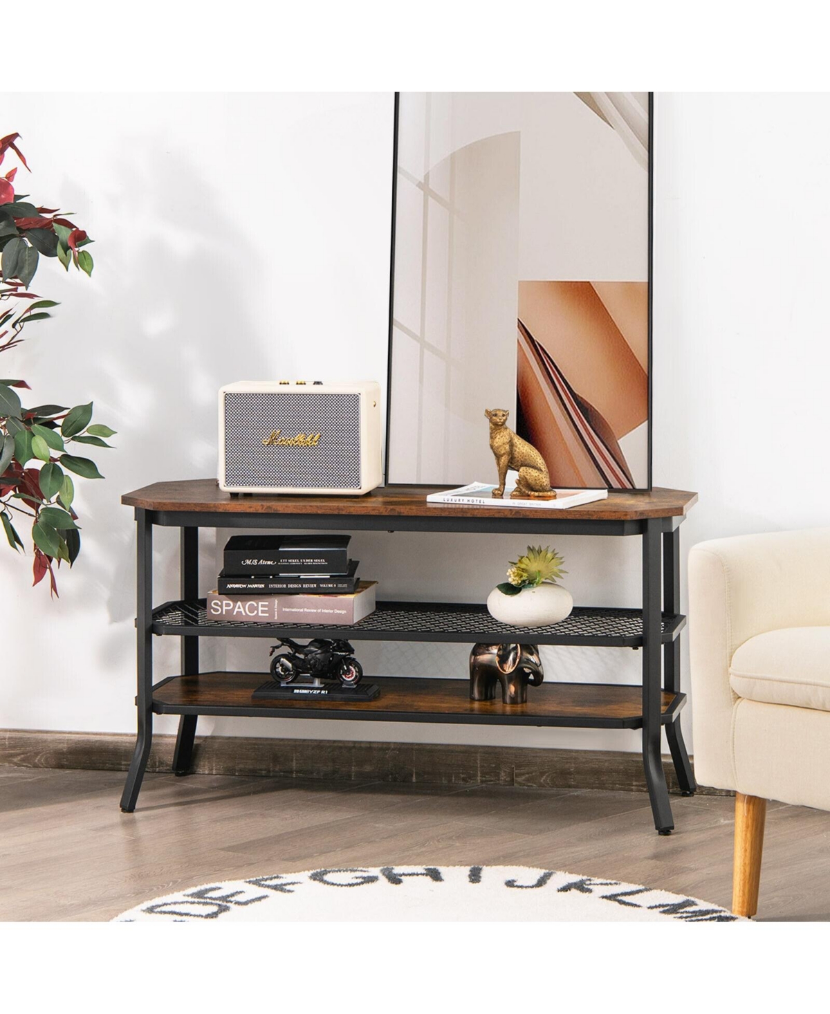Sugift 3-tier Console Table Tv Stand with Mesh Storage Shelf-Rustic- Brown