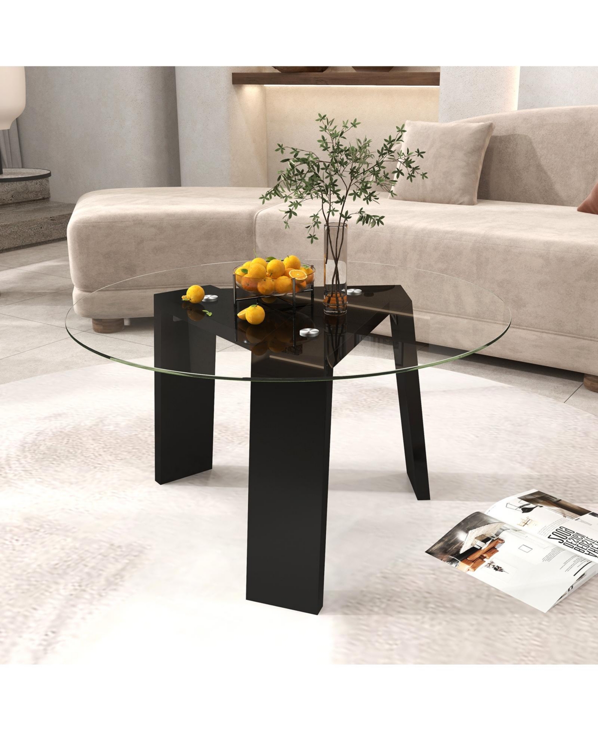 Skonyon 29.5 Inch Round Glass Coffee Table with Solid Rubber Wood Legs for Living Room Home Office Space- Black