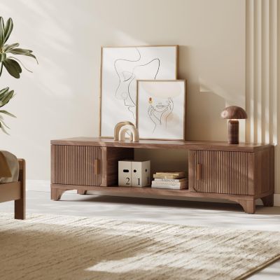 58" Mid Century Modern Fluted TV Stand for 55-65 Inch Television, Media Console with Soft-Close Doors and Storage Shelves