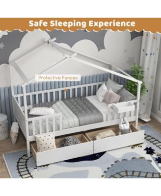 Twin House Bed with 2 Storage Drawers and Roof & Fence Rails-White