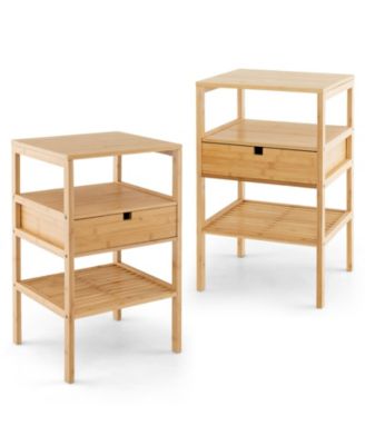 Nightstand Set of 2 Bamboo End Table with 2 Open Shelves and Drawer-Set of 2