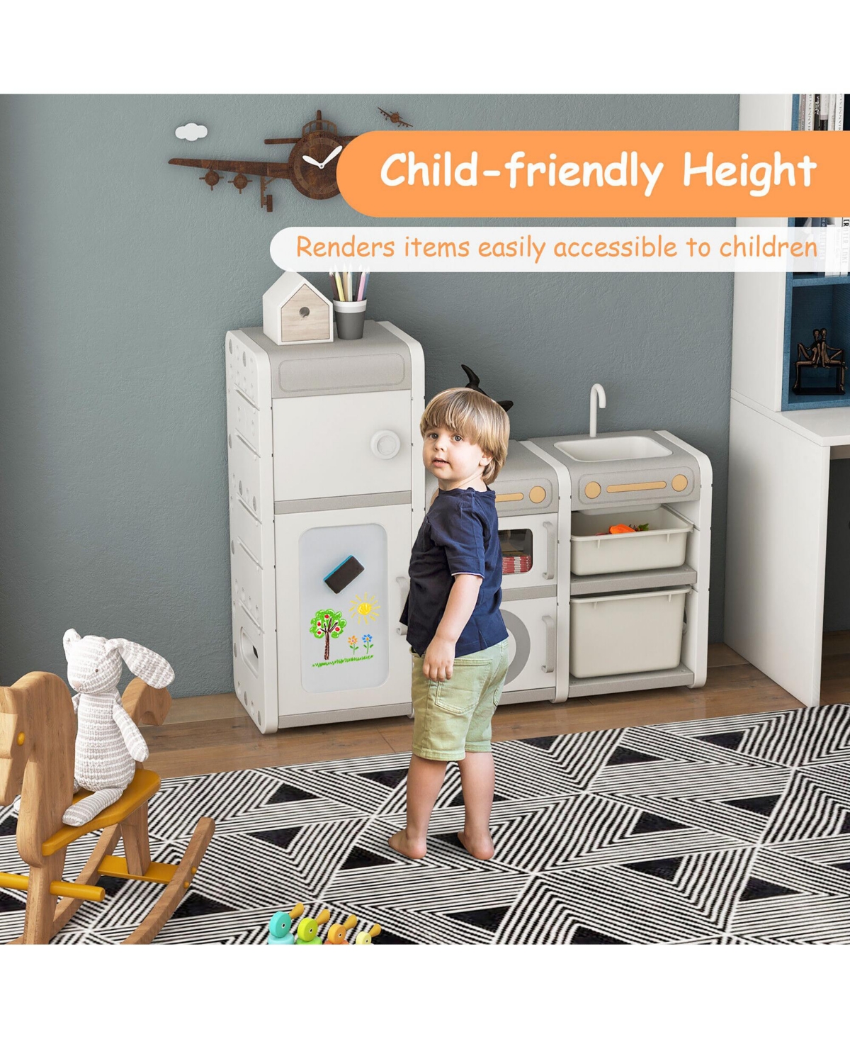 Gymax Kids Toy Storage Organizer Multipurpose Bookshelf w/ Magnetic Whiteboard & Bins - Light beige+grey+white