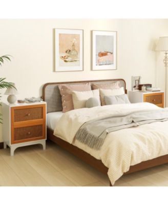 Boho Accent Table – 2 Handwoven Rattan Drawers – Stylish Nightstand for Bedroom or Living Room Storage & Decor