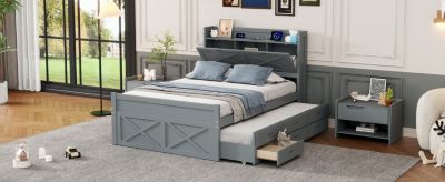 Full Size Wooden Storage Bed with Twin Trundle and Outlets
