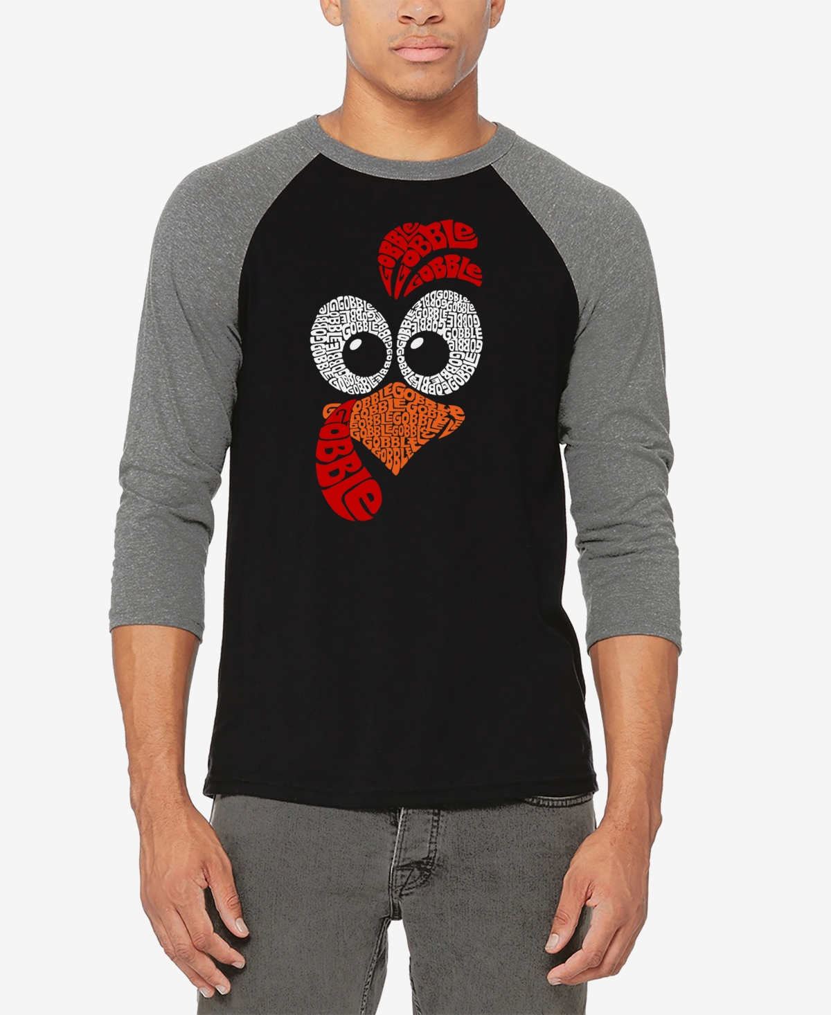 Shop La Pop Art Men's Turkey Face Raglan Baseball Word Art T-shirt In Grey,black