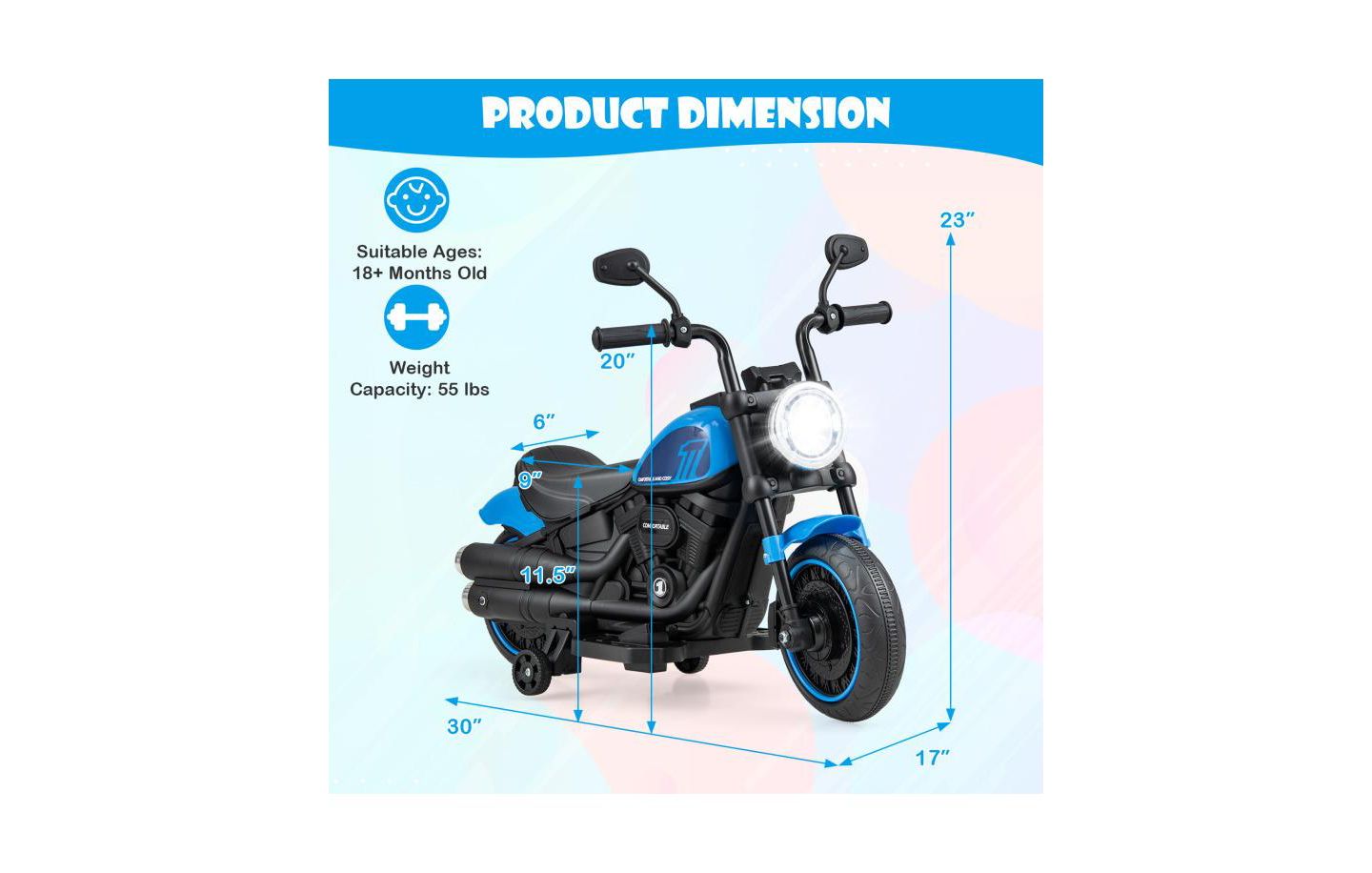 Детская игрушка VEBREDA Kids Electric Motorcycle with Training Wheels, Ages 3+, цвет: Синий — фото 4
