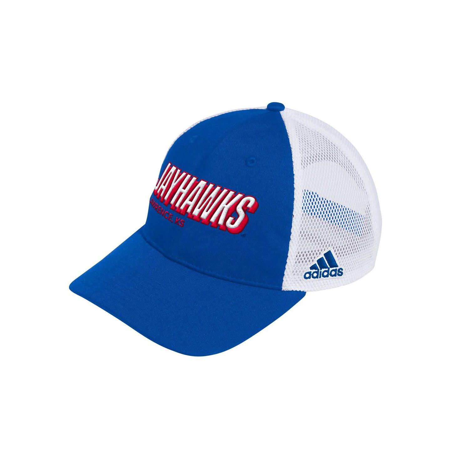 Мужская кепка adidas Royal Kansas Jayhawks Mascot Block Letter Slouch Trucker Adjustable Hat — фото 1