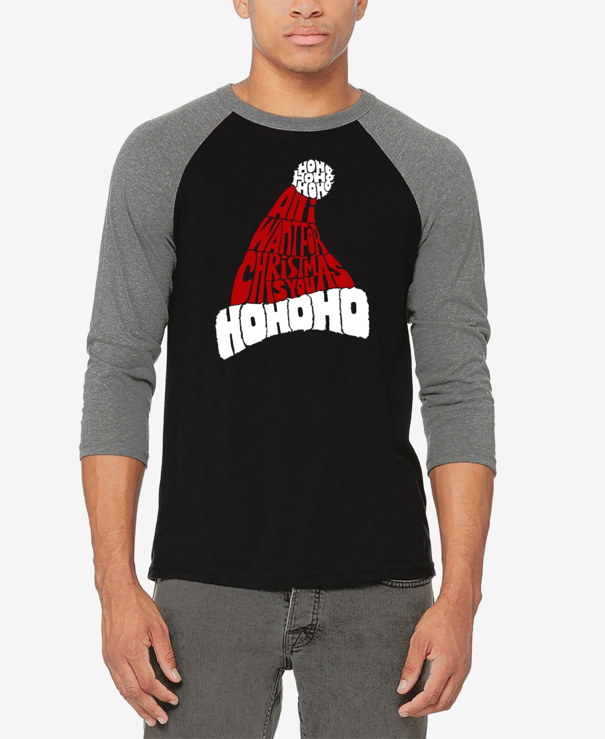 La Pop Art Men's All I Want for Christmas Is You Raglan Baseball Word Art T-Shirt -Black