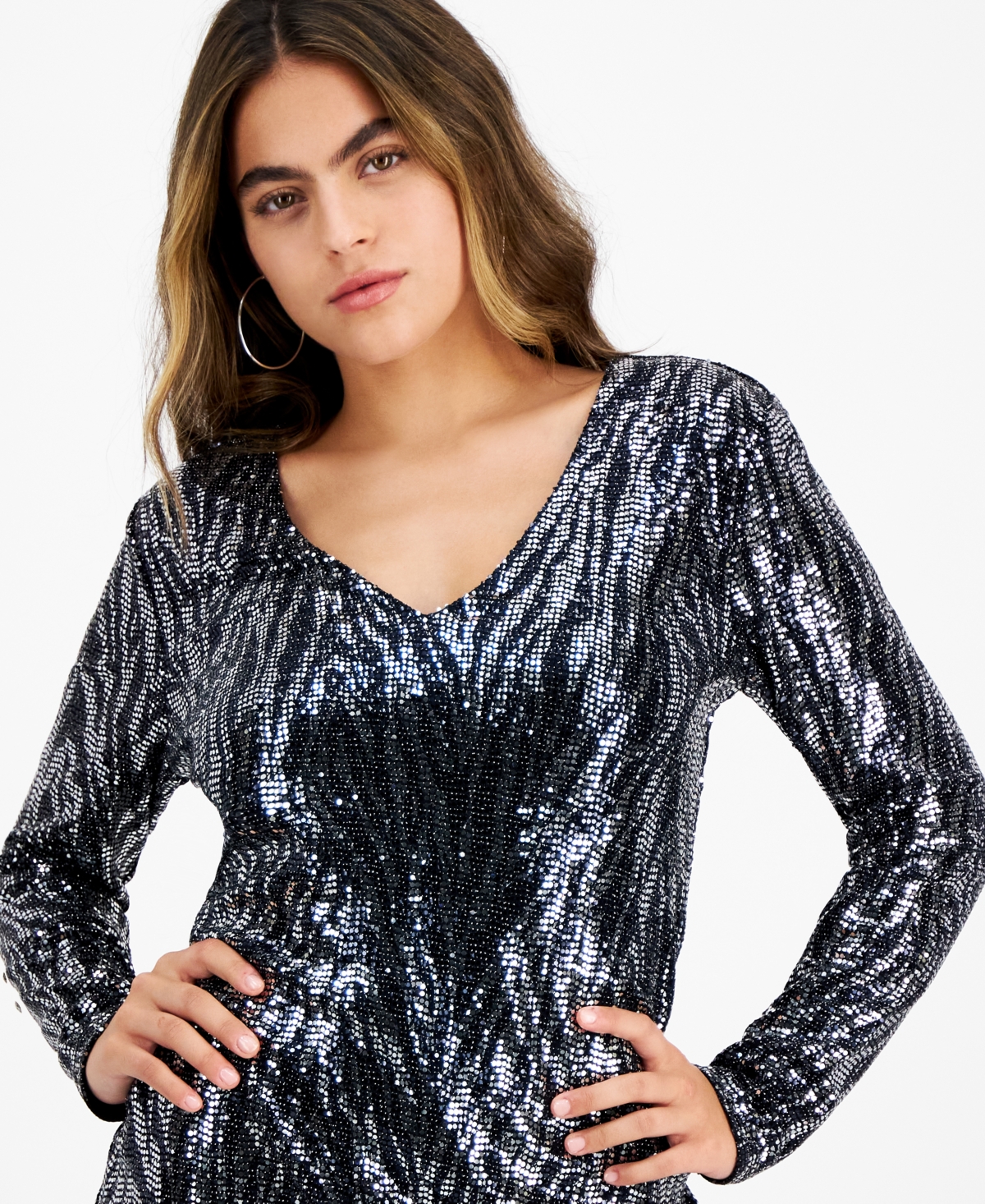 Bar Iii Petite Disco Dot Sequined V-Neck Mini Dress, Created for Macy's -Silver Zebra