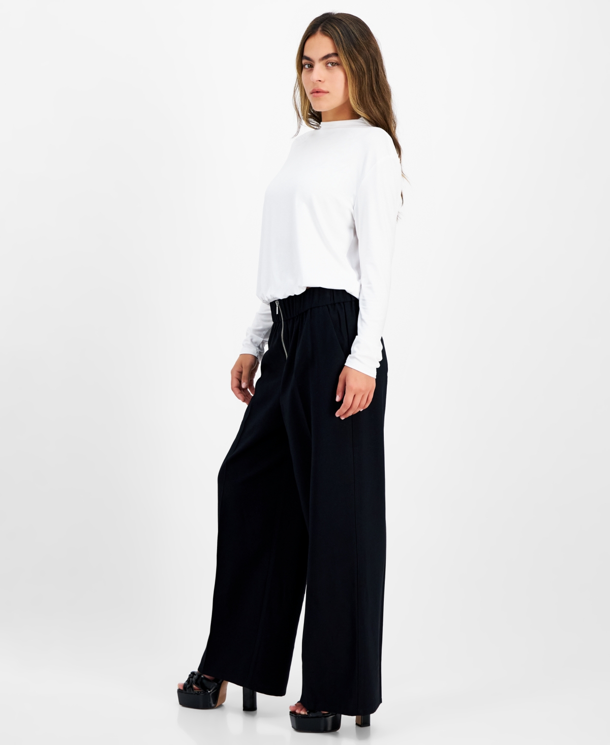 BAR III PETITE ZIP-FRONT HIGH RISE WIDE-LEG PANTS, CREATED FOR MACY'S 